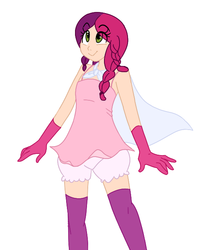 Size: 556x648 | Tagged: safe, artist:elslowmo, artist:jessy, oc, oc only, oc:marker pony, human, bloomers, cape, clothes, colored, gloves, humanized, socks, thigh highs, underwear, zettai ryouiki