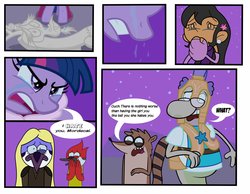 Size: 4077x3164 | Tagged: safe, artist:abigail m., discord, twilight sparkle, g4, angry, crossover, crying, crylight sparkle, fish hooks, male, margaret, mordecai, mordecai and rigby, mordetwi, regular show, rigby (regular show), sad, shocked, story included