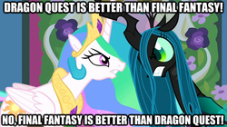 Size: 625x351 | Tagged: safe, princess celestia, queen chrysalis, g4, argument, caption, dragon quest (game), final fantasy, image macro