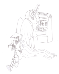 Size: 712x899 | Tagged: safe, artist:php21, derpibooru exclusive, derpy hooves, princess celestia, alicorn, pony, g4, arcade, crossover, female, mare, monochrome, mortal kombat, raiden (mortal kombat), relaxing, sitting, toy, video game