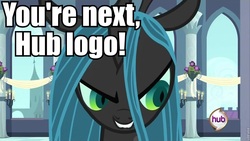 Size: 960x540 | Tagged: safe, edit, edited screencap, screencap, queen chrysalis, changeling, changeling queen, a canterlot wedding, g4, season 2, evil, female, hub logo, image macro, looking at something, meme, television logo joke