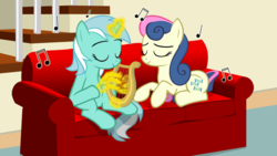 Size: 1024x576 | Tagged: safe, artist:tritebristle, bon bon, lyra heartstrings, sweetie drops, g4, couch, hand, lyre, magic, magic hands, music