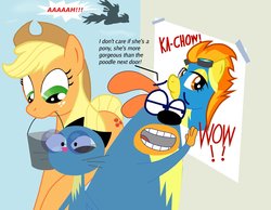 Size: 2135x1655 | Tagged: safe, artist:abigail m., applejack, spitfire, g4, blossom (fetch!), crossover, fetch! with ruff ruffman, ruff ruffman, wonderbolts uniform