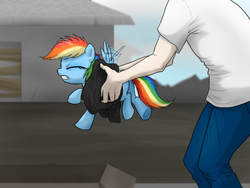 Size: 800x600 | Tagged: safe, artist:dawnmistpony, rainbow dash, human, pony, fanfic:my little dashie, g4, cute, eyes closed, female, filly, filly rainbow dash, holding a pony, struggling, trying to fly, younger