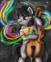 Size: 1400x1680 | Tagged: safe, artist:1vladislav, octavia melody, earth pony, pony, g4, bench, bipedal, bow (instrument), cello, female, lamp, mare, musical instrument, necktie, open mouth, signature, smiling, solo