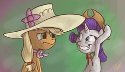 Size: 1703x987 | Tagged: safe, artist:waywardtrail, artist:zestyoranges, applejack, rarity, g4, accessory swap, female, hat, lesbian, ship:rarijack, shipping