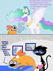 Size: 1620x2175 | Tagged: safe, artist:abigail m., princess celestia, g4, blossom (fetch!), crossover, crossover shipping, fetch! with ruff ruffman, ruff ruffman