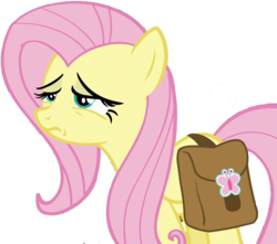 Size: 1002x885 | Tagged: safe, fluttershy, pegasus, pony, g4, my little pony: friendship is magic, putting your hoof down, bag, female, folded wings, mare, sad, saddle bag, simple background, solo, three quarter view, transparent background, wings