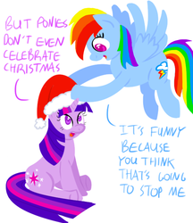 Size: 550x637 | Tagged: safe, artist:ponett, rainbow dash, twilight sparkle, g4, christmas, hat, santa hat