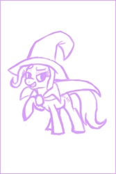 Size: 360x540 | Tagged: safe, artist:ponett, trixie, pony, unicorn, g4, cape, clothes, female, hat, lidded eyes, mare, monochrome, open mouth, raised hoof, simple background, smiling, solo, trixie's cape, trixie's hat, white background