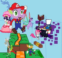 Size: 1424x1340 | Tagged: safe, artist:flippythekiller, discord, pinkie pie, rarity, snails, spike, twilight sparkle, g4, ? block, bowser, cosplay, costume, count bleck, crossover, dark prognosticus, fracktail, fractail, luigi, male, mario, nastasia, parody, platformer, princess peach, role play, sky, super mario bros., super paper mario, tippi