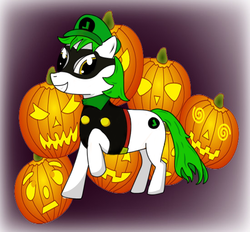 Size: 747x692 | Tagged: safe, artist:sanguinereyna, earth pony, pony, expressions, grin, jack-o-lantern, luigi, male, mask, mr. l, paper mario, ponified, pumpkin, smiling, super mario bros., super paper mario