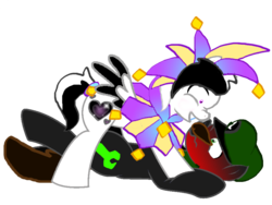 Size: 900x675 | Tagged: safe, artist:fargosis16, pegasus, pony, blushing, dimentio, duo, implied gay, luigi, male, mr. l, on back, paper mario, ponified, rapeface, simple background, super mario bros., super paper mario, transparent background