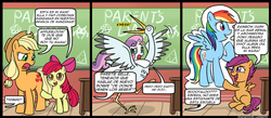 Size: 900x394 | Tagged: safe, artist:innuendo88, artist:madmax, apple bloom, applejack, rainbow dash, scootaloo, sweetie belle, stork, g4, comic, cutie mark crusaders, spanish, translation