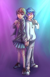 Size: 486x750 | Tagged: safe, artist:ninjaham, dj pon-3, rainbow dash, vinyl scratch, human, g4, clothes, duet, duo, female, fishnet stockings, holding hands, hoodie, humanized, jacket, jeans, microphone, pants, shoes, singing, skirt