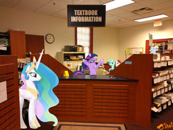 Size: 900x675 | Tagged: safe, artist:tristar64, derpy hooves, lyra heartstrings, princess celestia, roseluck, twilight sparkle, pony, g4, glasses, irl, library, photo, ponies in real life, vector