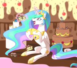 Size: 1000x890 | Tagged: safe, artist:jiayi, princess cadance, princess celestia, pony, g4, alicorn metabolism, belly, cake, cakelestia, concave belly, female, imminent stuffing, mare, slender, solo, tall, thin