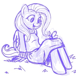 Size: 945x945 | Tagged: safe, artist:megasweet, fluttershy, butterfly, anthro, g4, clothes, monochrome, outdoors, sitting, sketch, skirt, sweater, sweatershy