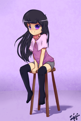 Size: 1000x1500 | Tagged: safe, artist:inkintime, octavia melody, human, g4, anime, clothes, cute, female, humanized, little octavia, looking at you, moe, sitting, smiling, solo, stocking feet, stockings, stool, thigh highs, younger