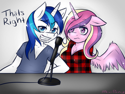 Size: 1024x768 | Tagged: dead source, safe, artist:mixipony, princess cadance, shining armor, alicorn, unicorn, anthro, g4, andrew francis, britt mckillip, canterlot gardens convention, grin, microphone, scene interpretation, smirk, that's right, uncomfortable, va panel, voice actor joke