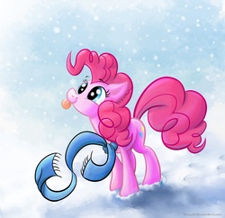 Size: 3500x3392 | Tagged: safe, artist:stratustrot, pinkie pie, earth pony, pony, g4, clothes, cute, female, high res, scarf, snow, snowfall, snowflake, solo, tongue out