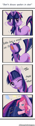 Size: 600x2100 | Tagged: safe, artist:alliszero, pinkie pie, twilight sparkle, earth pony, pony, unicorn, g4, comic, confetti, dialogue, female, forever, mare, micro, nose in the air, open mouth, pinkie being pinkie, tiny, tiny ponies, unicorn twilight, yelling