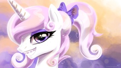 Size: 1920x1080 | Tagged: safe, artist:kp-shadowsquirrel, fleur-de-lis, pony, unicorn, g4, bedroom eyes, bow, braces, cute, daaaaaaaaaaaw, female, hair bow, hnnng, looking at you, mare, ponytail, smiling, solo, teenager, wallpaper, young