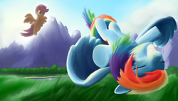 Size: 1900x1080 | Tagged: safe, artist:dappercat-uk, rainbow dash, scootaloo, pegasus, pony, g4, blank flank, eyes closed, female, filly, flying, flying lesson, foal, grass, happy, mare, scootaloo can fly, scootalove, signature, sky, spread wings, wings