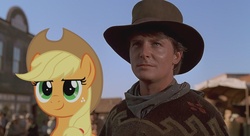 Size: 1280x694 | Tagged: safe, applejack, human, pony, g4, back to the future, irl, marty mcfly, michael j. fox, photo, ponies in real life, smirk, vector