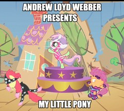 Size: 907x817 | Tagged: safe, edit, edited screencap, screencap, apple bloom, scootaloo, sweetie belle, g4, season 1, the show stoppers, andrew lloyd webber, bipedal, clothes, cropped, cutie mark crusaders, image macro, musical, show stopper outfits, standing, standing on one leg