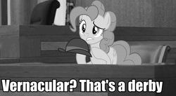 Size: 772x424 | Tagged: safe, pinkie pie, g4, black and white, courtroom, derby (hat), grayscale, the three stooges