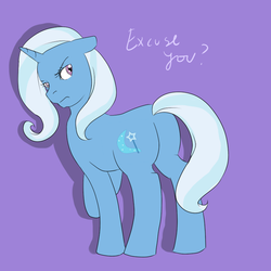 Size: 750x750 | Tagged: safe, artist:etrnlpeace, trixie, pony, unicorn, g4, butt, female, flank, frown, horn, mare, plot, pouting, purple background, simple background, solo