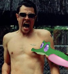 Size: 800x868 | Tagged: safe, gummy, pinkie pie, human, g4, irl, irl human, jackass, johnny knoxville, photo, pinch, ponies in real life