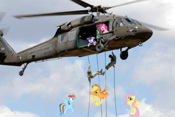 Size: 1092x731 | Tagged: safe, applejack, fluttershy, pinkie pie, rainbow dash, twilight sparkle, human, g4, floppy ears, flying, frown, helicopter, irl, open mouth, photo, ponies in real life, rappelling, smiling, soldier, uh-60, wide eyes