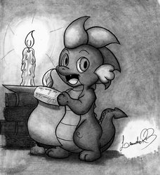 Size: 900x988 | Tagged: safe, artist:leanrb, spike, g4, book, candle, grayscale, monochrome, quill, signature