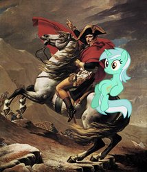 Size: 1001x1171 | Tagged: safe, artist:jacques-louis david, edit, lyra heartstrings, horse, g4, horse-pony interaction, marengo, napoleon bonaparte, napoleon crossing the alps, painting, ponies riding horses, riding, sitting, sitting lyra