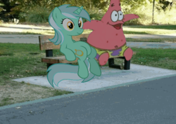 Size: 495x350 | Tagged: safe, lyra heartstrings, pony, g4, bench, crossover, irl, male, meme, patrick star, photo, ponies in real life, sitting, sitting lyra, spongebob squarepants, vector