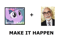 Size: 1337x796 | Tagged: safe, twilight sparkle, human, pony, unicorn, friendship is witchcraft, g4, all caps, exploitable meme, female, hayao miyazaki, make it happen, male, mare, meme, meta, unicorn twilight