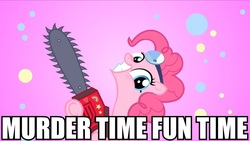 Size: 960x541 | Tagged: safe, pinkie pie, fanfic:cupcakes, g4, chainsaw, image macro, professor genki's super ethical reality climax, saints row, saints row the third