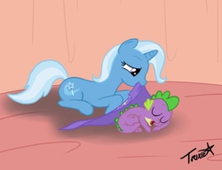 Size: 684x524 | Tagged: safe, artist:theparagon, spike, trixie, dragon, pony, unicorn, g4, blanket, female, male, mare, mouth hold, open mouth, shipping, sleeping, smiling, spikelove, spixie, straight