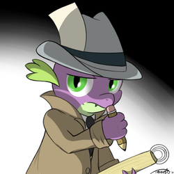 Size: 940x940 | Tagged: safe, artist:theparagon, spike, g4, clothes, detective, hat, male, pencil, solo