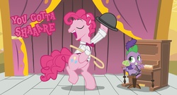 Size: 4001x2153 | Tagged: safe, artist:trotsworth, pinkie pie, spike, g4, over a barrel, adoraberry, barb, barbabetes, bubble berry, cute, dancing, musical instrument, piano, rule 63, rule63betes, saloon dress, singing, this will end in war
