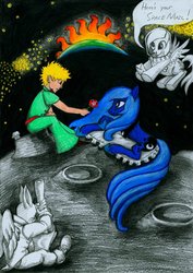 Size: 900x1274 | Tagged: safe, artist:invalid-david, derpy hooves, princess luna, human, rabbit, g4, crossover, flower, mail, muffin, pillow, planet, spacesuit, stars, sun, the little prince, traditional art