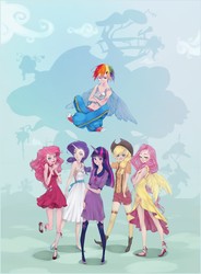 Size: 1093x1485 | Tagged: dead source, safe, artist:mariilear, applejack, fluttershy, pinkie pie, rainbow dash, rarity, twilight sparkle, human, g4, belly button, clothes, converse, dress, horn, horned humanization, humanized, mane six, midriff, shoes, skinny, tank top, thin, winged humanization