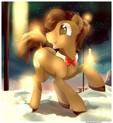 Size: 1534x1678 | Tagged: dead source, safe, artist:si1vr, doctor whooves, time turner, earth pony, pony, g4, bowtie, crossover, doctor who, eleventh doctor, male, matt smith, night, ponified, snow, solo, stallion, stars, streetlight, the doctor