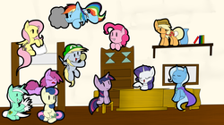 Size: 4112x2300 | Tagged: safe, artist:idsmehlite, applejack, berry punch, berryshine, bon bon, derpy hooves, fluttershy, lyra heartstrings, pinkie pie, rainbow dash, rarity, sweetie drops, trixie, twilight sparkle, pegasus, pony, g4, cap, clothes, female, gloves, hat, luigi, luigi's hat, male, mare, nintendo, paper mario, paper pony, style emulation, super mario bros.