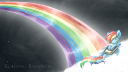 Size: 1920x1080 | Tagged: safe, artist:batlover800, edit, rainbow dash, pegasus, pony, g4, book, cloud, eyes closed, female, mare, night, pun, rainbow, reading, reading rainboom, sky, smiling, solo, stars, text edit