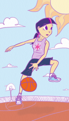 Size: 400x700 | Tagged: safe, artist:kymsnowman, twilight sparkle, human, g4, basketball, clothes, female, humanized, low ponytail, ponytail, shoes, sneakers, solo, sports, tank top