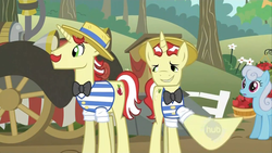 Size: 1280x720 | Tagged: safe, screencap, flam, flim, linky, shoeshine, pony, unicorn, g4, season 2, the super speedy cider squeezy 6000, cute, flamabetes, flim flam brothers, fourth wall, great moments in animation, hub logo, hubble, male, stallion, super speedy cider squeezy 6000