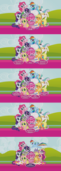 Size: 853x2400 | Tagged: safe, applejack, fluttershy, pinkie pie, princess cadance, princess celestia, rainbow dash, rarity, spike, twilight sparkle, g4, comparison, dvd, mane six opening poses, menu, my little pony logo, my little pony: friendship is magic logo